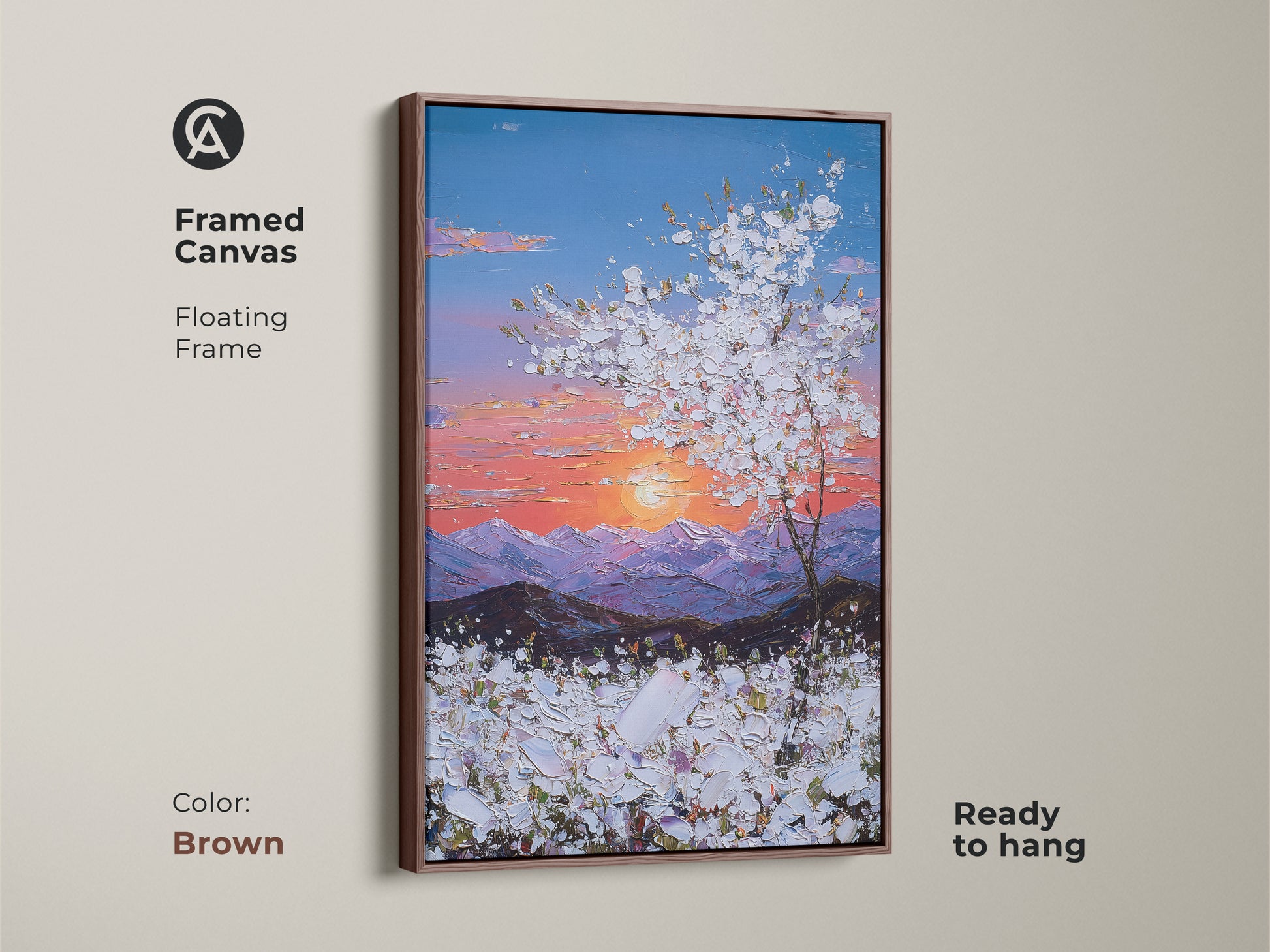 Framed canvas with a brown floating frame shows a sunset mountain landscape. The blue pink orange tree artwork enhances any room. Ideal as a nature lover gift.