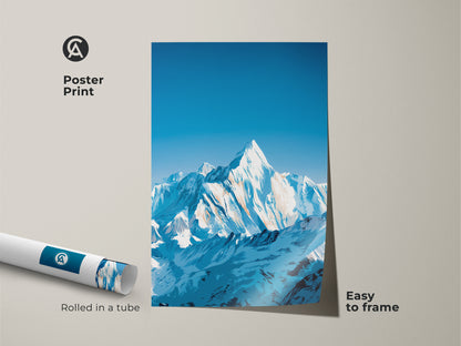 A poster print displaying snowy mountain canvas art is shown. This deep blue landscape print features a modern stylized artwork. The nature scene art print makes framing easy. It arrives rolled in a tube. Perfect hikers gift wall decor.