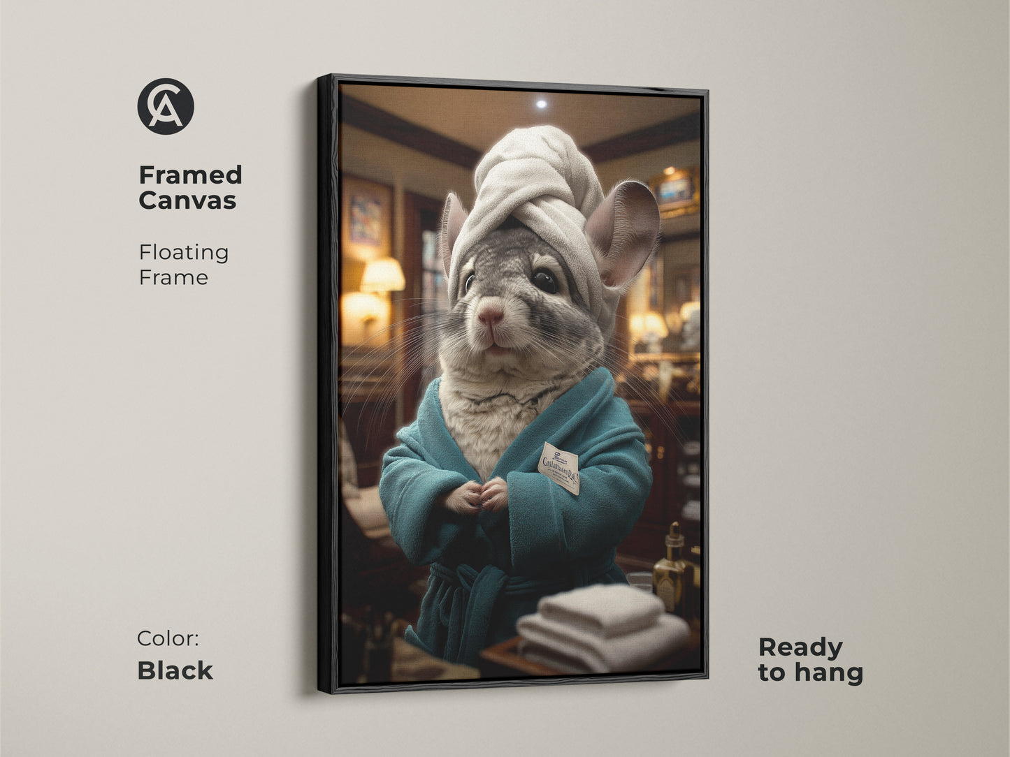 Framed canvas art of a chinchilla spa day scene. The floating frame adds a touch of elegance. It arrives ready to hang. The black frame enhances this funny animal artwork. Perfect for eclectic home decor and spa-themed bathrooms. It makes a charming and unique pet lover gift. Gray white and teal tones.