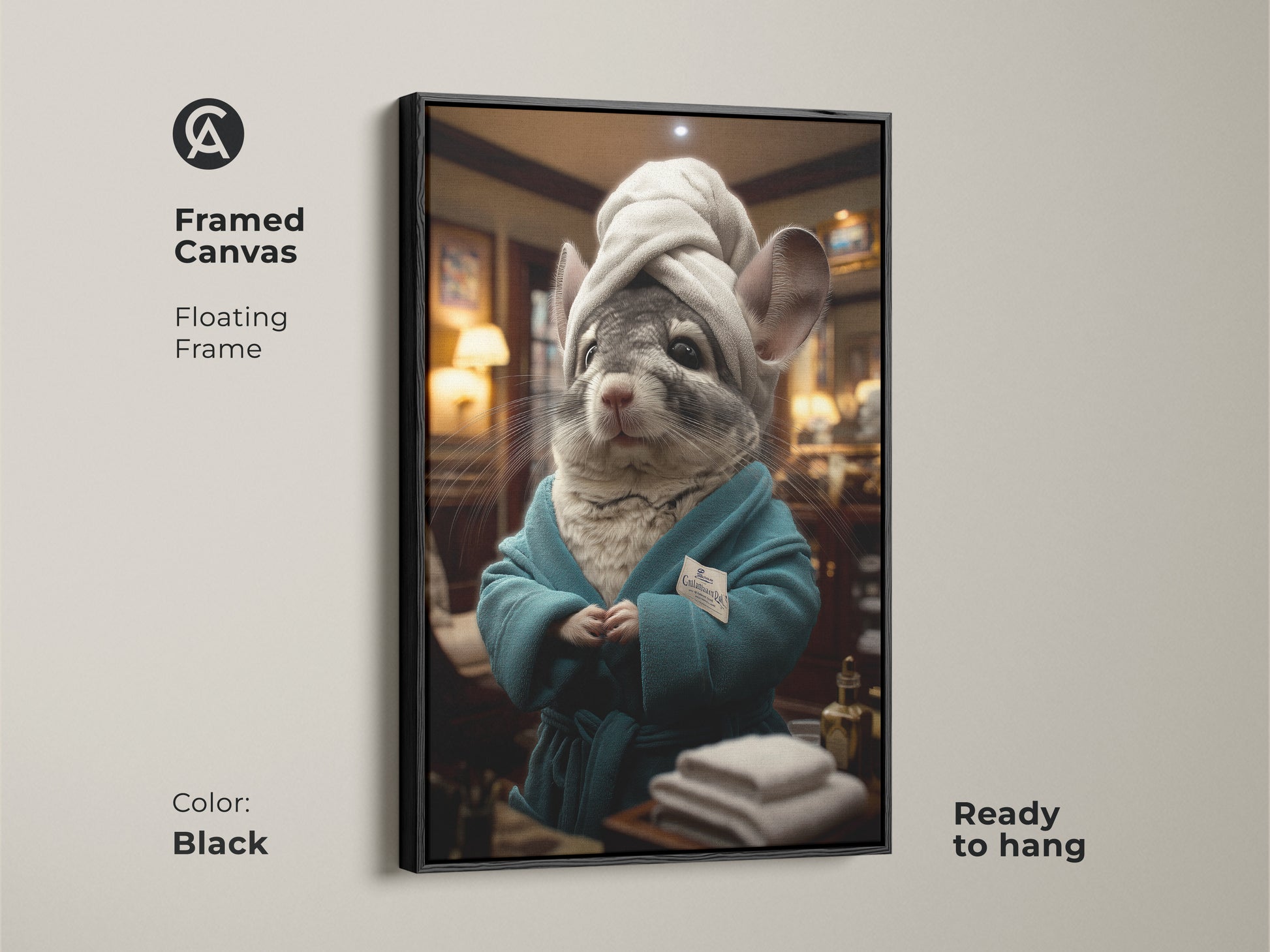 Framed canvas art of a chinchilla spa day scene. The floating frame adds a touch of elegance. It arrives ready to hang. The black frame enhances this funny animal artwork. Perfect for eclectic home decor and spa-themed bathrooms. It makes a charming and unique pet lover gift. Gray white and teal tones.