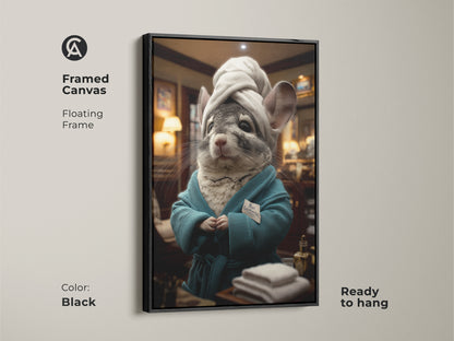 Framed canvas art of a chinchilla spa day scene. The floating frame adds a touch of elegance. It arrives ready to hang. The black frame enhances this funny animal artwork. Perfect for eclectic home decor and spa-themed bathrooms. It makes a charming and unique pet lover gift. Gray white and teal tones.