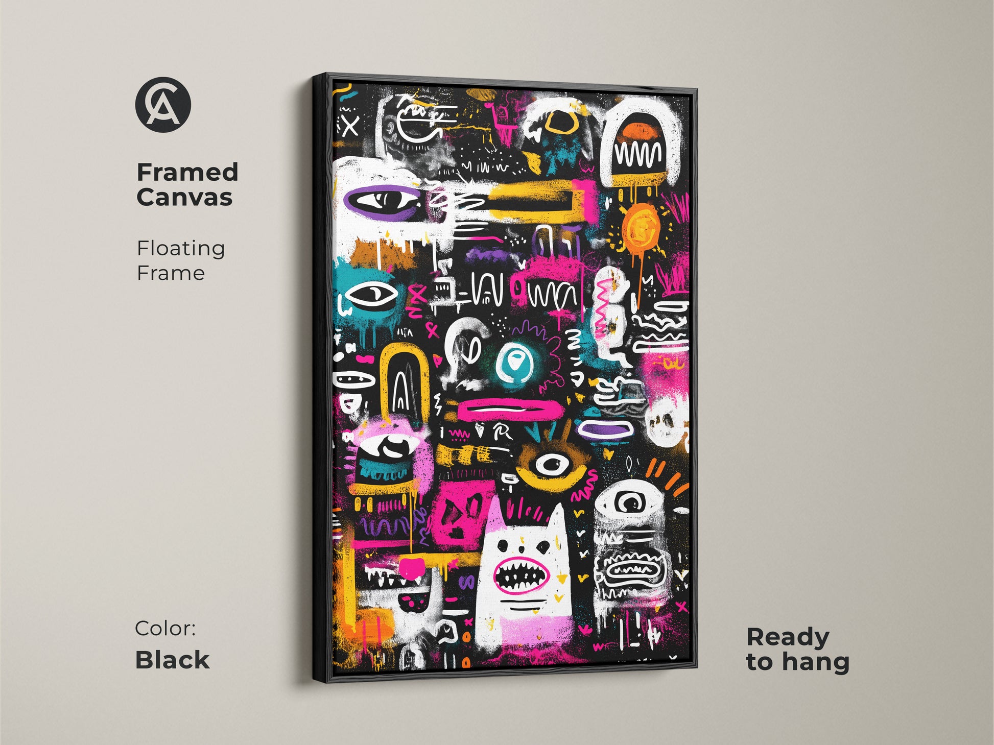 Framed canvas with a floating frame in black. This ready-to-hang artwork showcases a black background with colorful graffiti-style art. Elevate your home decor with this modern art piece.