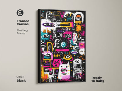 Framed canvas with a floating frame in black. This ready-to-hang artwork showcases a black background with colorful graffiti-style art. Elevate your home decor with this modern art piece.