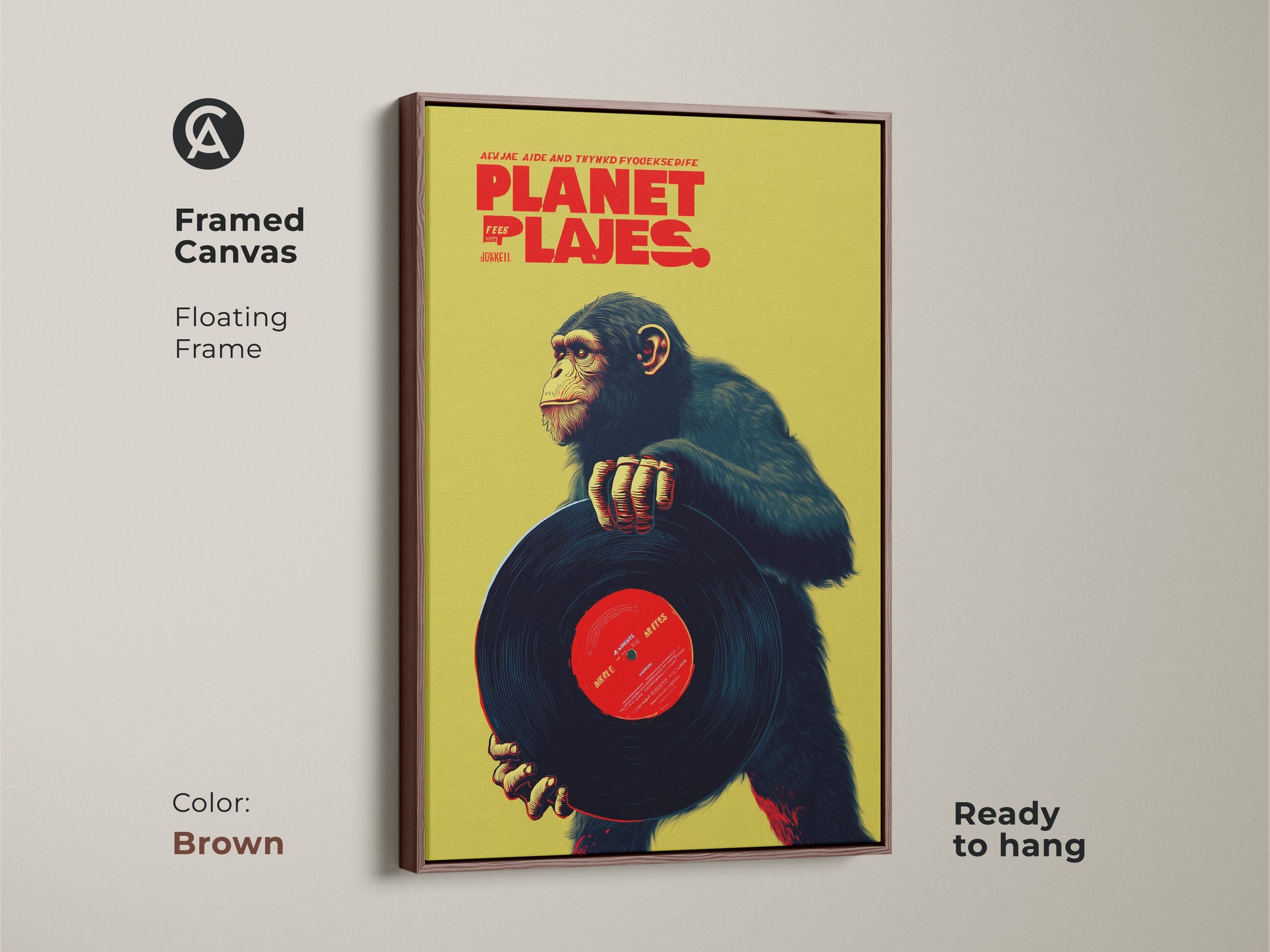 Framed canvas of a chimpanzee holding a vinyl record art print with a brown floating frame. This eclectic animal artwork adds a retro music vibe to your space. The vibrant lime and red colors make it a unique piece for a den or office wall decor.