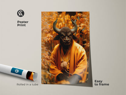 Poster Print featuring a meditating Minotaur Monk. Rolled in a tube for protection. This poster is easy to frame. The artwork combines the strength of a Minotaur with the serenity of a monk. Add an inspiring piece to your wall art collection.