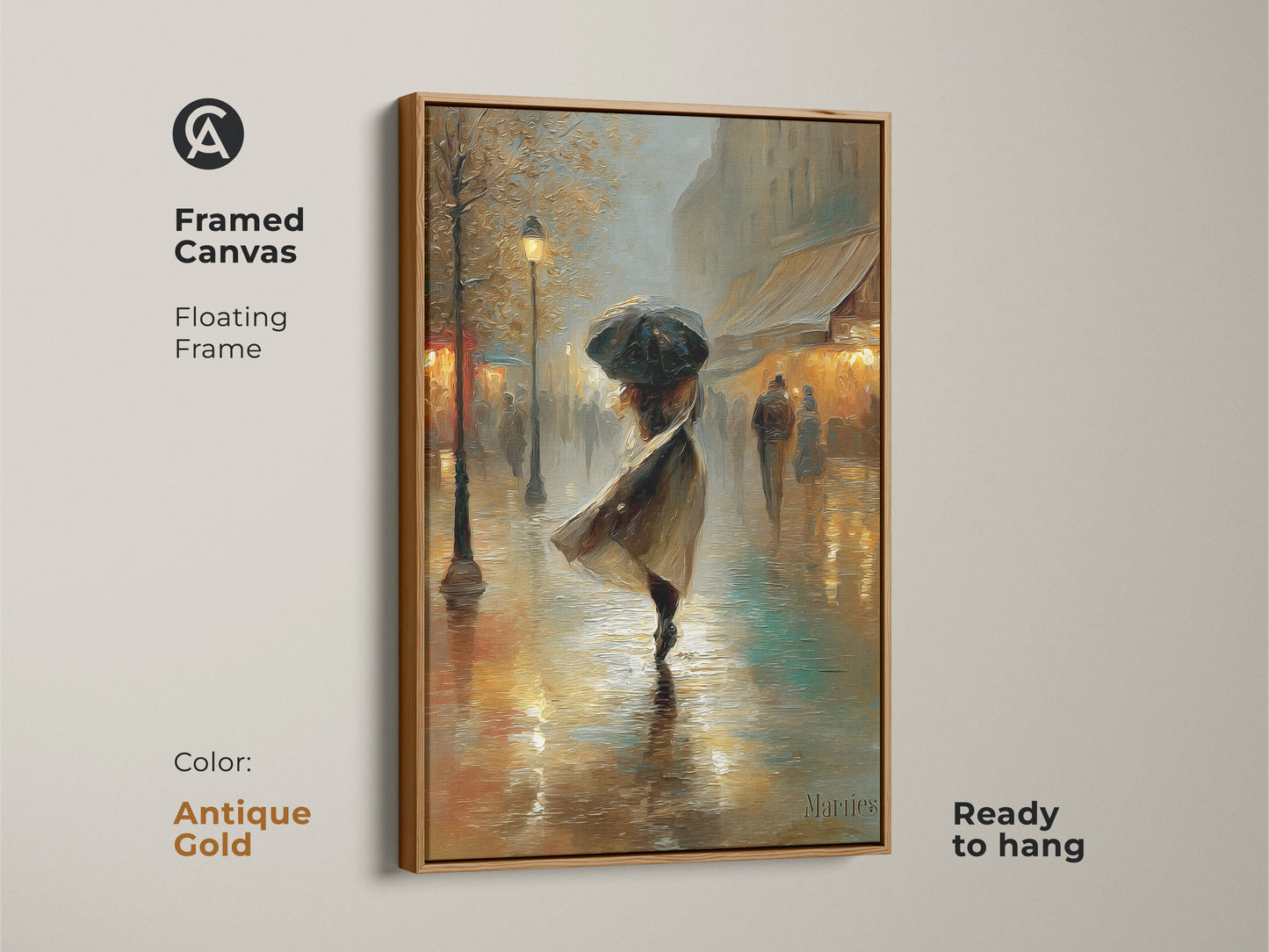 This framed canvas presents a charming Parisian street scene. The antique gold floating frame adds a vintage touch. The artwork depicts a woman with an umbrella in an impressionistic style. Ready to hang this gold and teal canvas print will bring elegance to your home.