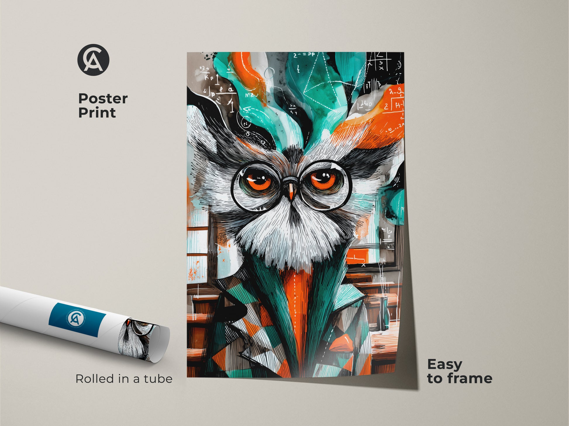 Elevate your space with this owl poster print. It shows an owl with glasses amidst math formulas. The orange and teal tones create a vibrant look. This academic themed art is perfect for a study room. Also it serves as an ideal teacher appreciation gift for owl lovers.