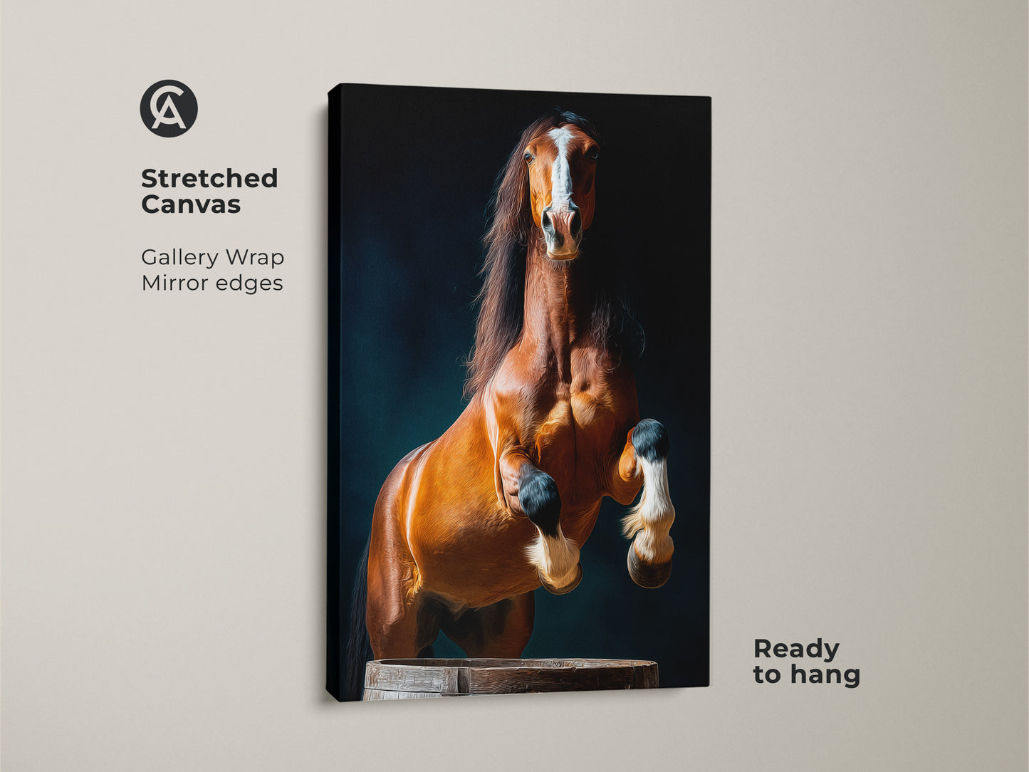 Stretched canvas print featuring a photorealistic rearing chestnut horse. The equine wall art has gallery wrapped edges. The dramatic animal artwork in rich chestnut and dark blue is ready to hang. Ideal equestrian home decor.