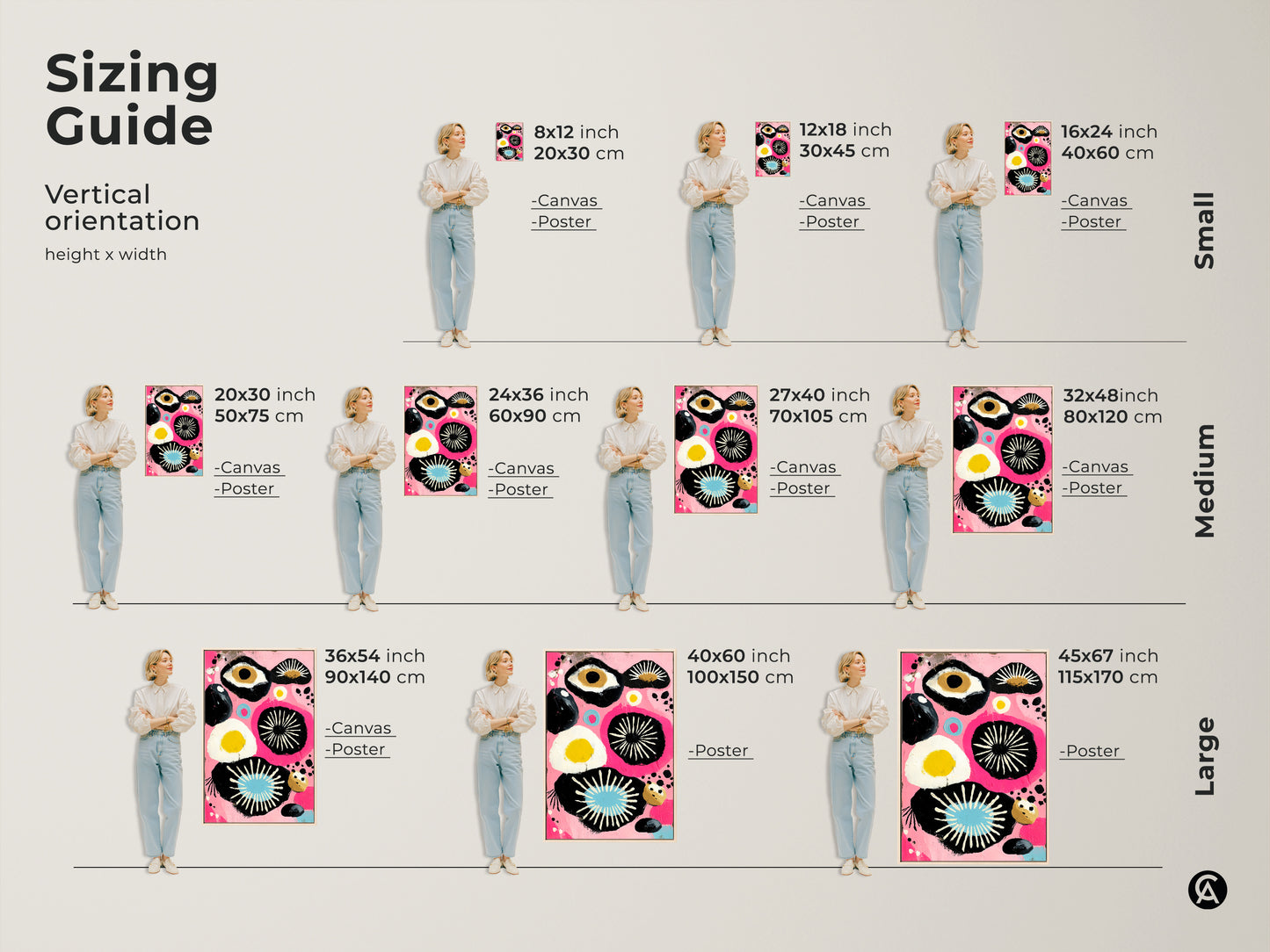 Sizing guide for vertical pink black abstract art. Artwork available as a canvas or poster in small medium and large sizes. Perfect abstract eye wall art for any home.
