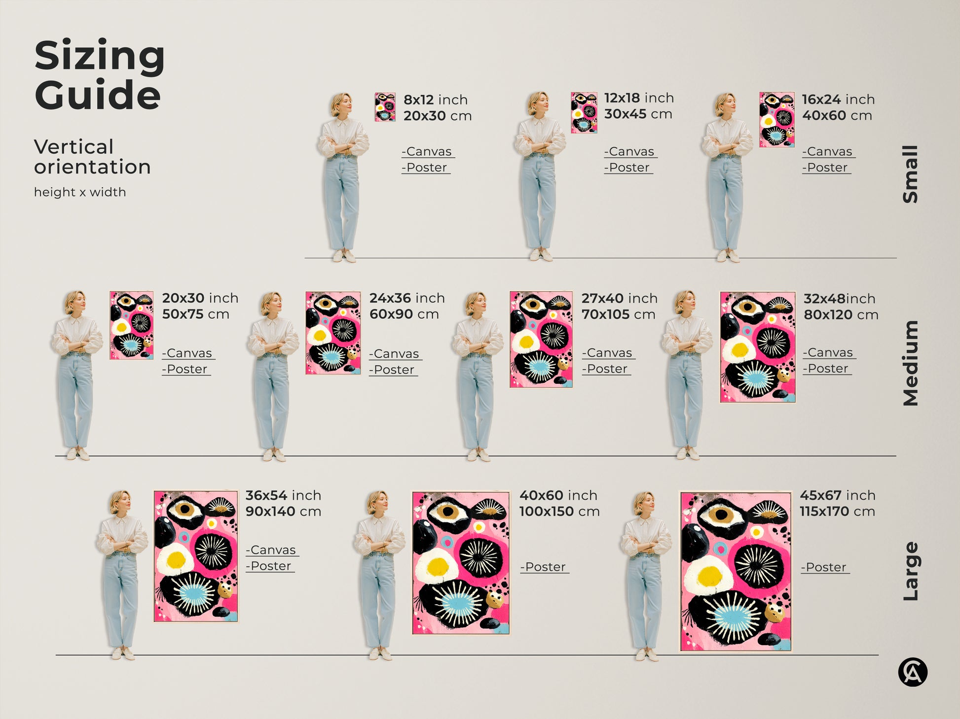 Sizing guide for vertical pink black abstract art. Artwork available as a canvas or poster in small medium and large sizes. Perfect abstract eye wall art for any home.