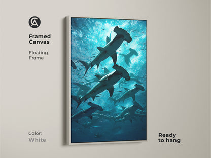 Framed canvas art with a white floating frame. This underwater ocean artwork shows a school of hammerhead sharks. Ready to hang this marine life print adds aqua teal deep blue to your home.