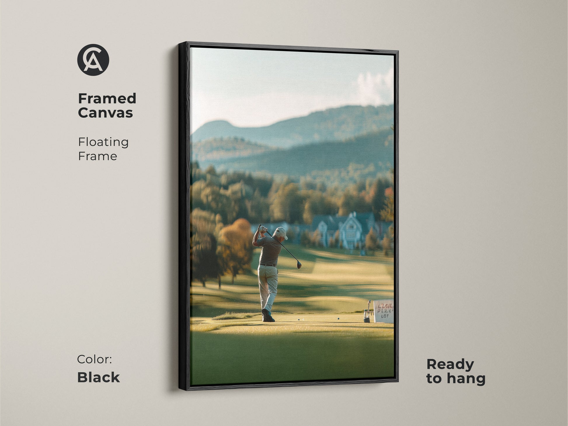 Enhance your decor with framed canvas art. A black floating frame highlights the golfer and scenic landscape. Ready to hang this artwork brings elegance to any space. Perfect for golf lovers.
