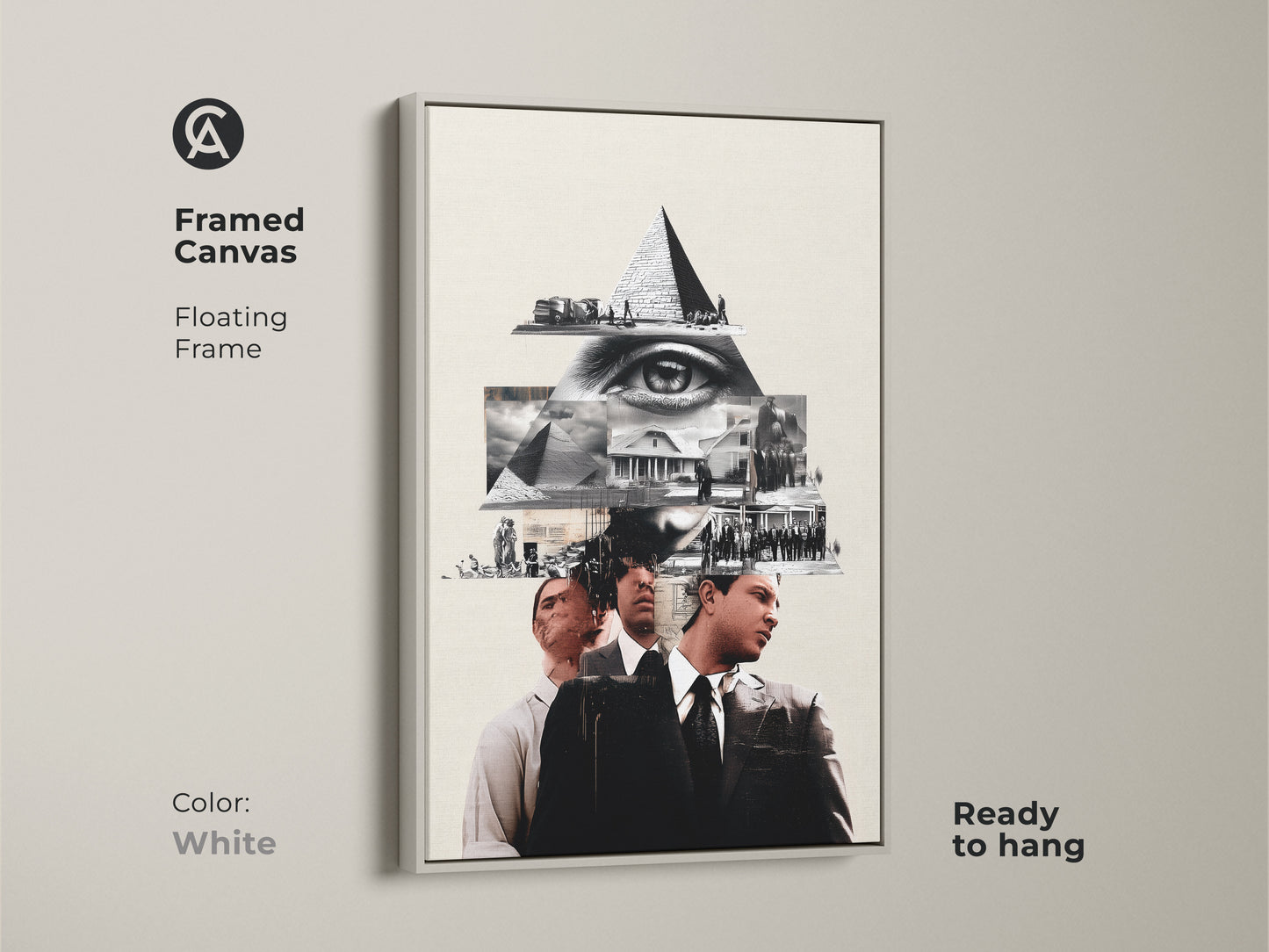 This Framed Canvas in White is a Monochrome Eye Pyramid Collage. Its surreal history themed wall art makes it great for office decor. This conceptual artwork displays a pyramid and eye motif in black and white offering an intellectual piece.