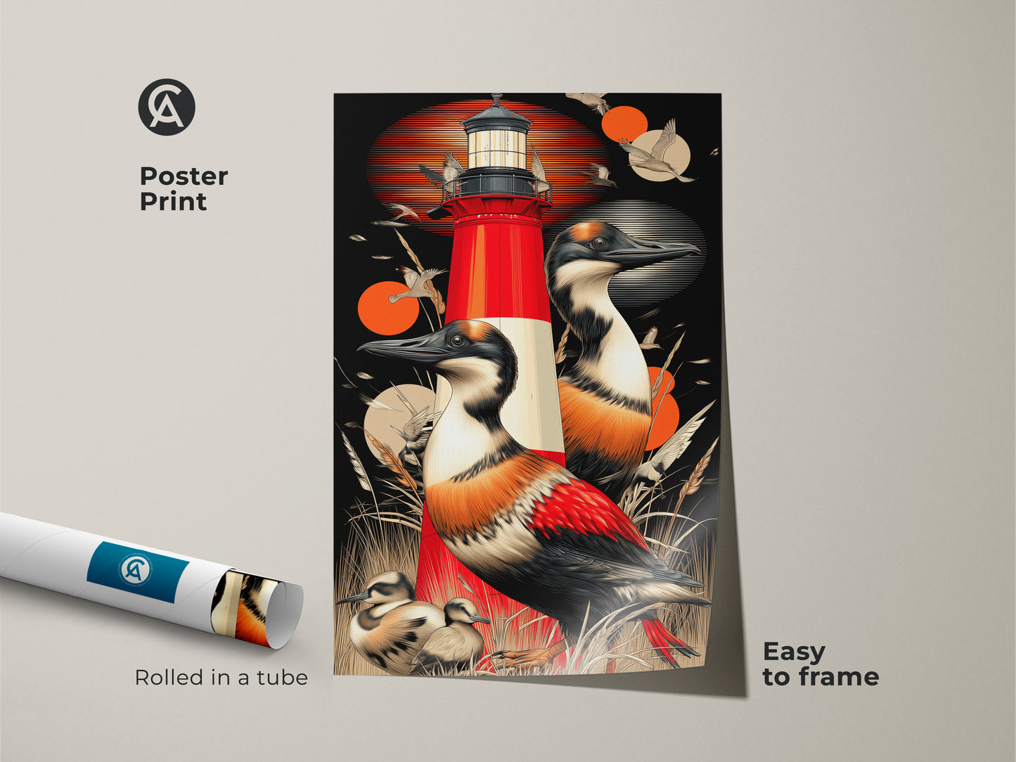 A rolled poster print showcases coastal artwork featuring a red lighthouse and birds. Easy to frame this nautical print adds a touch of vintage charm. The retro red orange art pops against a black backdrop. It is ideal for adding a pop of color to your coastal cabin or beach house decor. A great gift idea for bird lovers