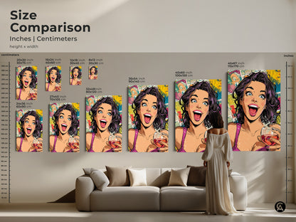 Size comparison of the pop art canvas print with a woman holding a wine glass. The artwork is available in various sizes. This vibrant piece features a dynamic color palette of yellow pink and teal making it a great conversation starter.