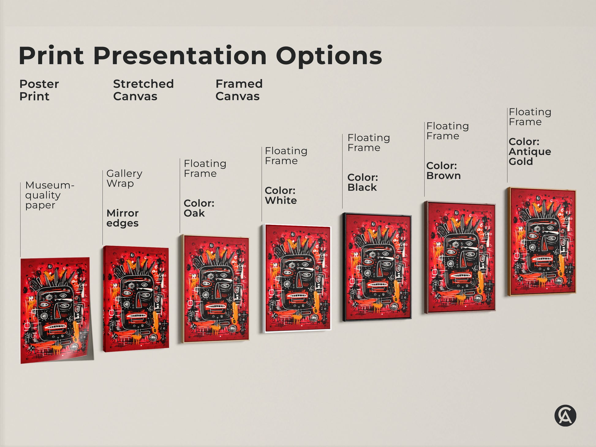 Explore print presentation options for this unique artwork. Choose from poster prints stretched canvases and framed canvases. Each option showcases a black faced figure on a red background offering museum quality art for your space.
