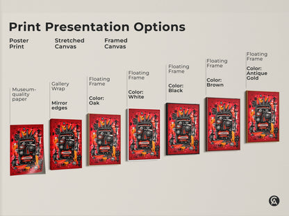 Explore print presentation options for this unique artwork. Choose from poster prints stretched canvases and framed canvases. Each option showcases a black faced figure on a red background offering museum quality art for your space.
