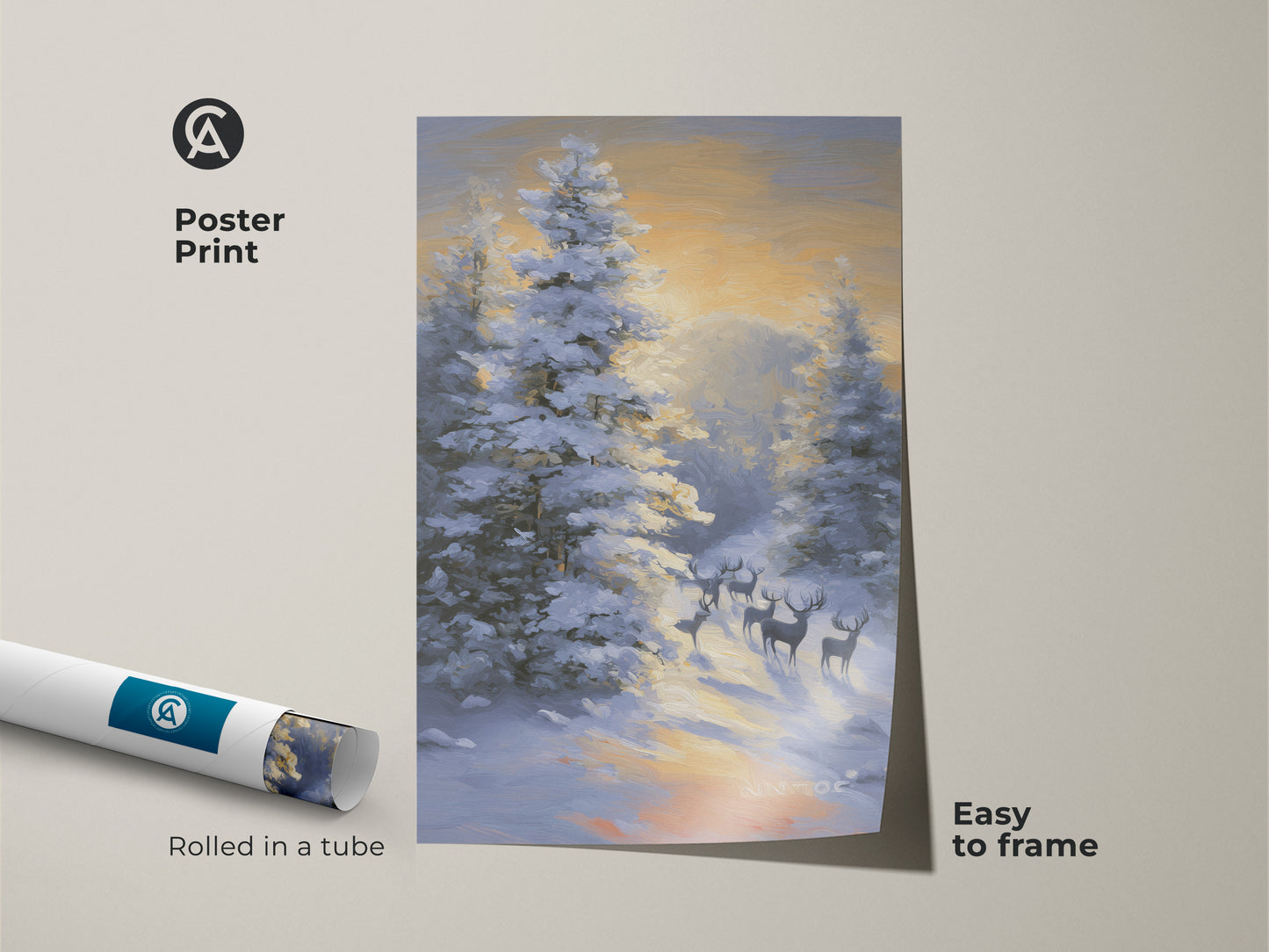 Deer in snowy forest poster print. This rustic winter wildlife wall art is rolled in a tube and easy to frame. The impressionistic landscape painting makes great nature home decor. It is a perfect nature lover gift idea. This is cozy cabin decor art