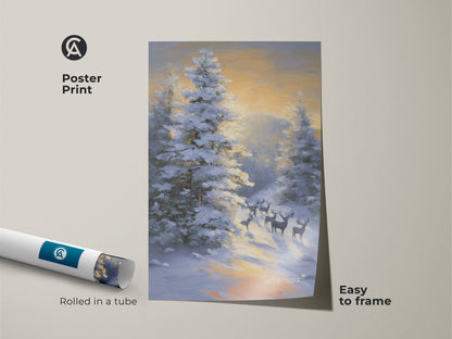 Deer in snowy forest poster print. This rustic winter wildlife wall art is rolled in a tube and easy to frame. The impressionistic landscape painting makes great nature home decor. It is a perfect nature lover gift idea. This is cozy cabin decor art