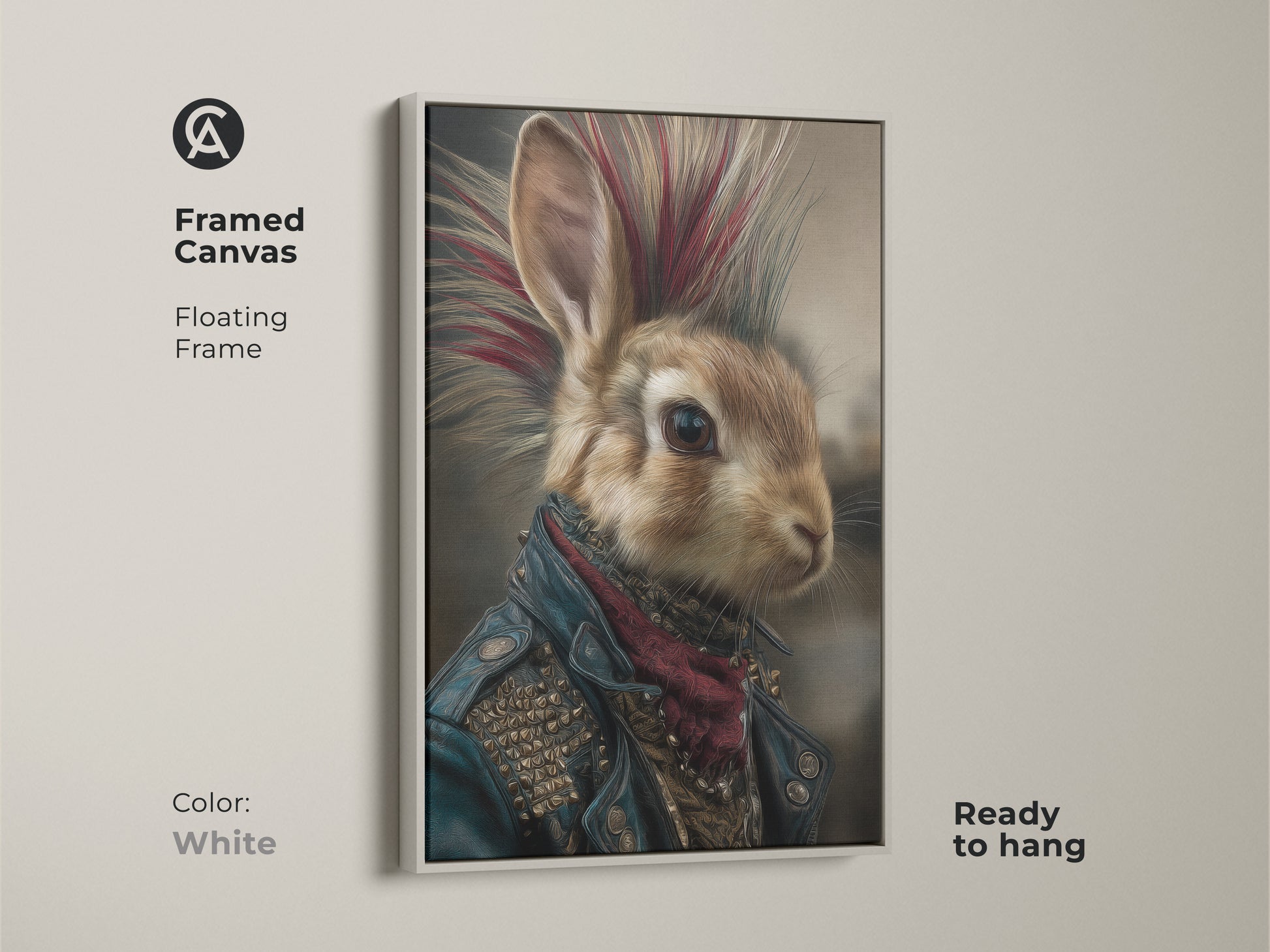 Various print options are displayed including posters stretched canvas and framed canvas. The artwork features a punk rock rabbit with a mohawk and leather jacket perfect for adding a rebellious and eclectic touch to any space.