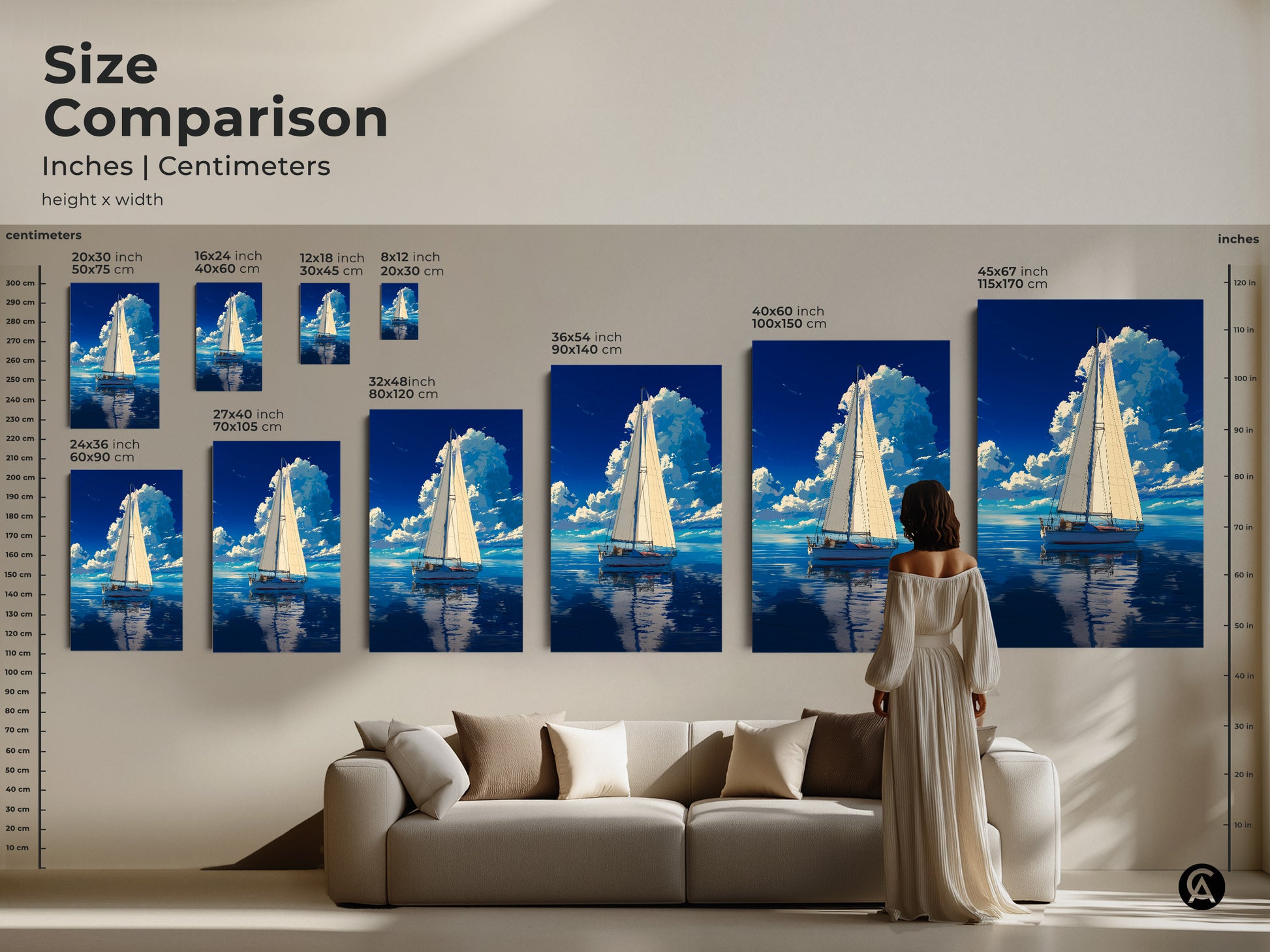 Size comparison of sailboat artwork in a living room setting. This nautical coastal landscape art is available in various sizes. It showcases the deep blue sky and the artwork is perfect for creating a coastal theme.