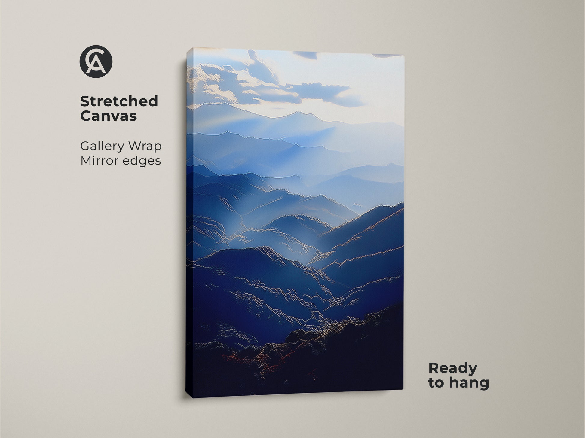 Stretched canvas of a deep blue mountain range. The gallery wrap features mirror edges. This atmospheric landscape wall art is ready to hang. It adds a serene valley artwork touch to any space. A modern home decor print perfect as a gift for outdoor enthusiasts.