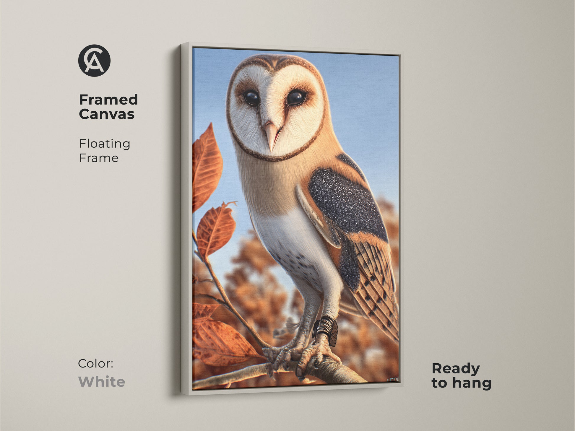 Framed canvas of a barn owl with a white floating frame. The rustic wildlife canvas art is ready to hang. This beige brown orange bird art complements any home office decor. A unique bird lover present.