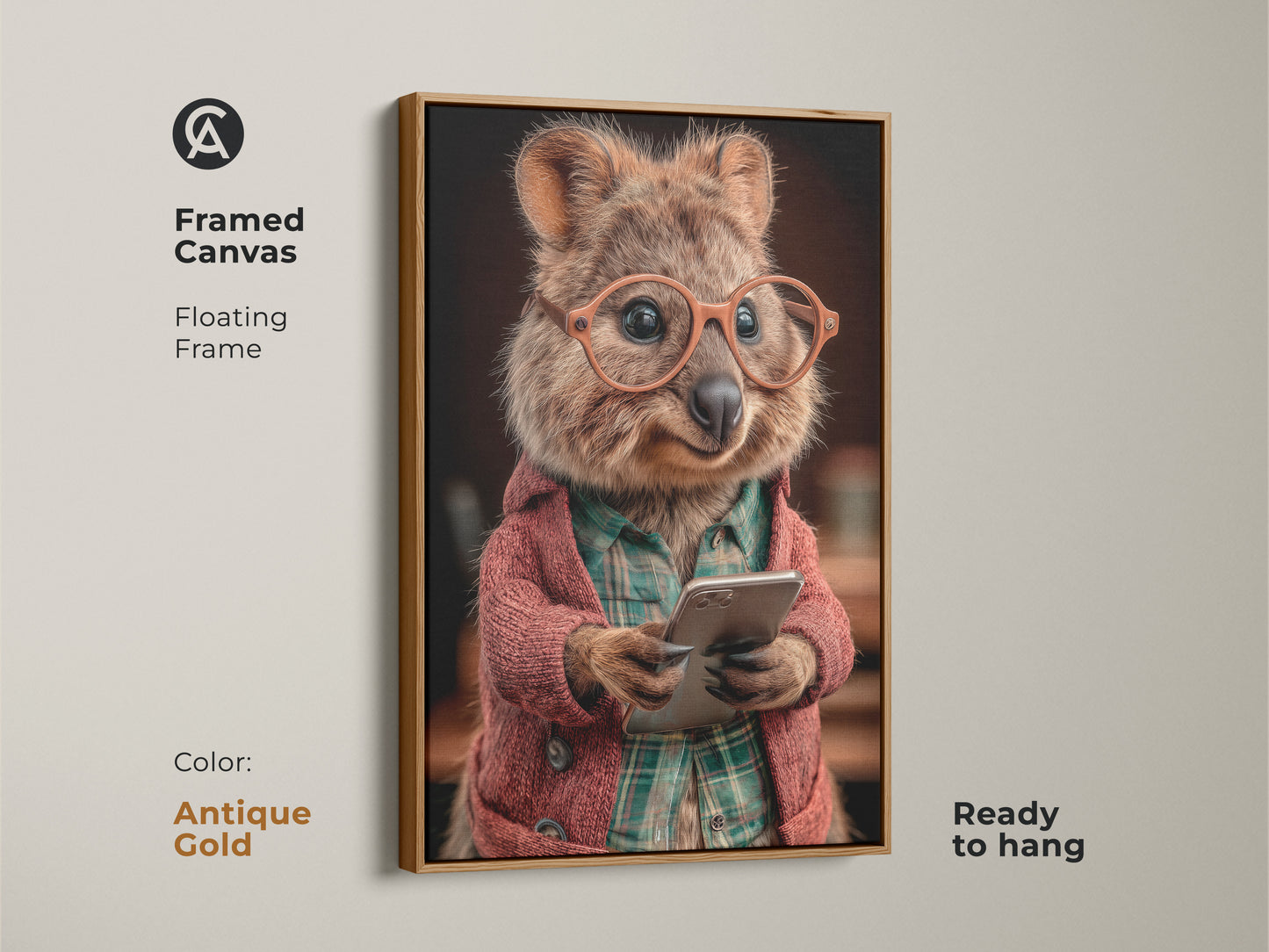 Framed canvas in Antique Gold. Glasses wearing quokka art print. The animal is holding a phone in this art piece. This funny animal wall decor is ready to hang. A quirky animal portrait that is great for animal lovers.