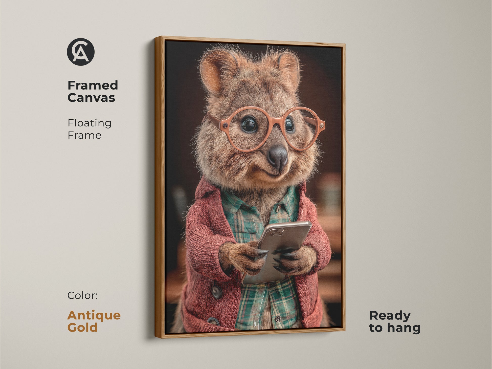 Framed canvas in Antique Gold. Glasses wearing quokka art print. The animal is holding a phone in this art piece. This funny animal wall decor is ready to hang. A quirky animal portrait that is great for animal lovers.
