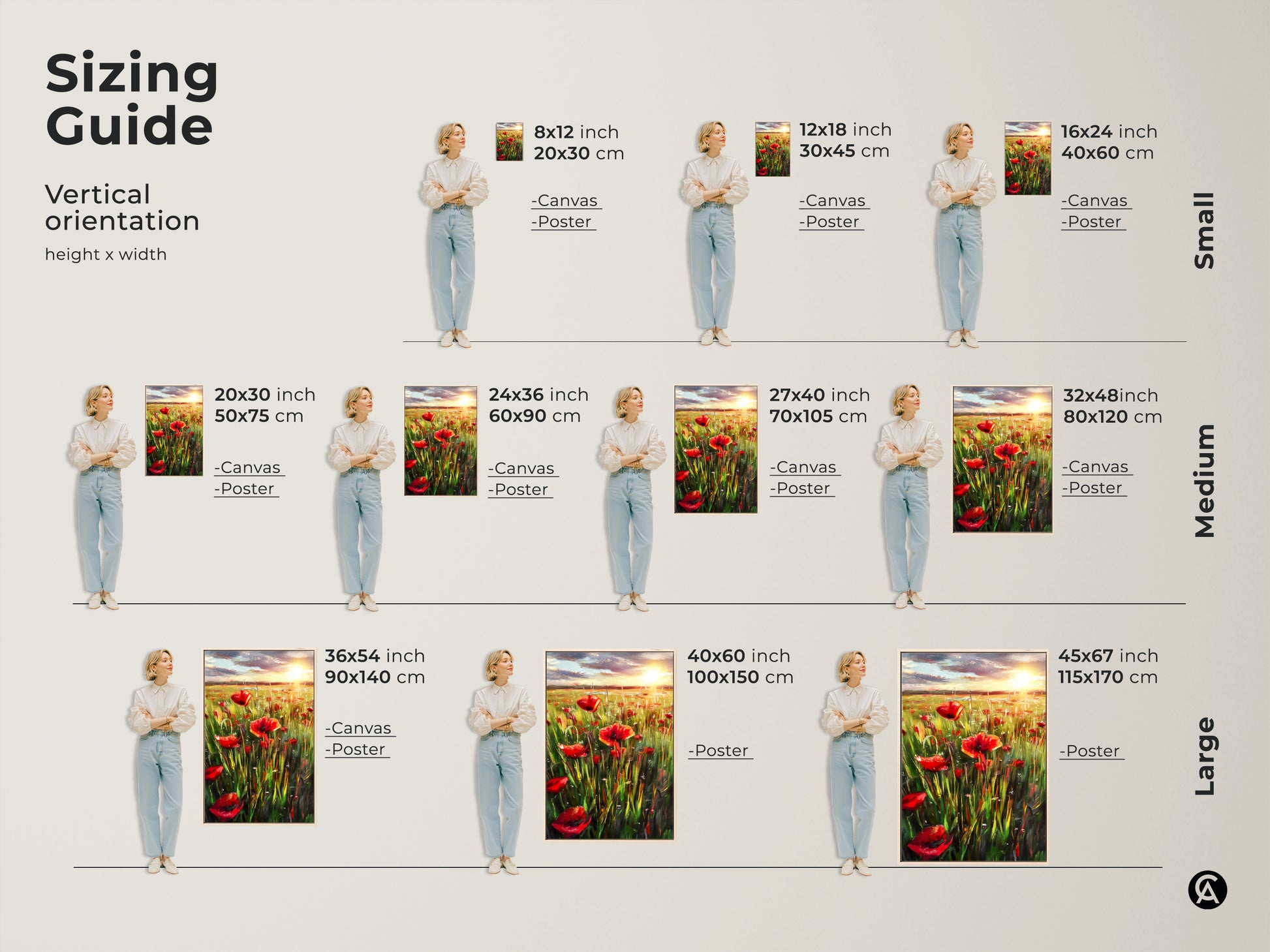 Sizing guide for vertical poppy field art prints. See how 8x12 to 45x67 inch canvases and posters fit in a room. Small medium and large sizes are shown. Perfect for boho wall decor and bringing a summer meadow indoors.