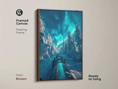 Framed canvas art showcasing a winter forest scene with snow-covered trees and a pipeline under the Aurora Borealis. The floating frame adds sophistication. This brown-framed artwork is ready to hang and enjoy.