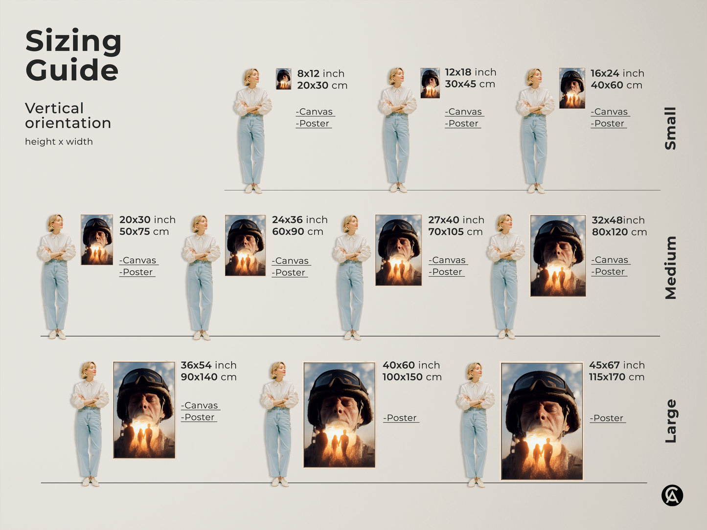 Sizing guide for vertical military family hope canvas. Visualize various sizes with model examples. Available in canvas or poster. Find the perfect fit for your space. This conceptual soldier portrait makes a touching veteran's day gift.