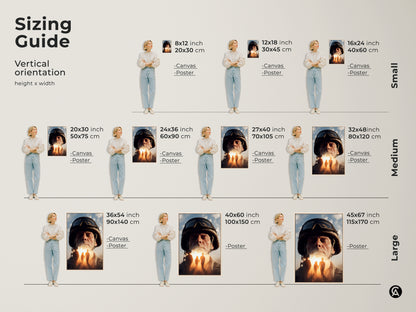 Sizing guide for vertical military family hope canvas. Visualize various sizes with model examples. Available in canvas or poster. Find the perfect fit for your space. This conceptual soldier portrait makes a touching veteran's day gift.