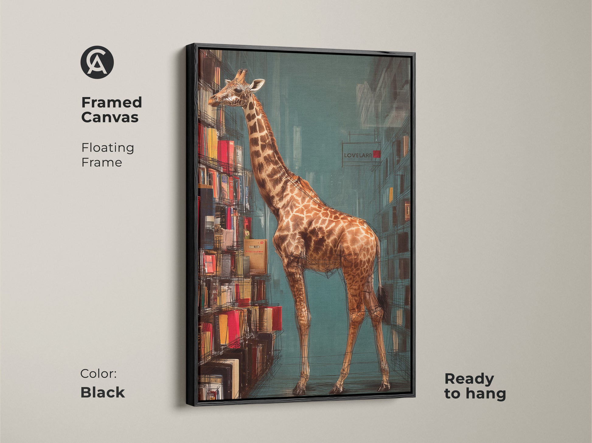 Framed canvas with a black floating frame showcasing a giraffe by a bookshelf. This ready to hang surreal animal artwork adds charm to any room. It is an excellent bookworm gift with an eclectic modern style.