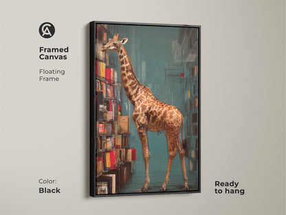 Framed canvas with a black floating frame showcasing a giraffe by a bookshelf. This ready to hang surreal animal artwork adds charm to any room. It is an excellent bookworm gift with an eclectic modern style.