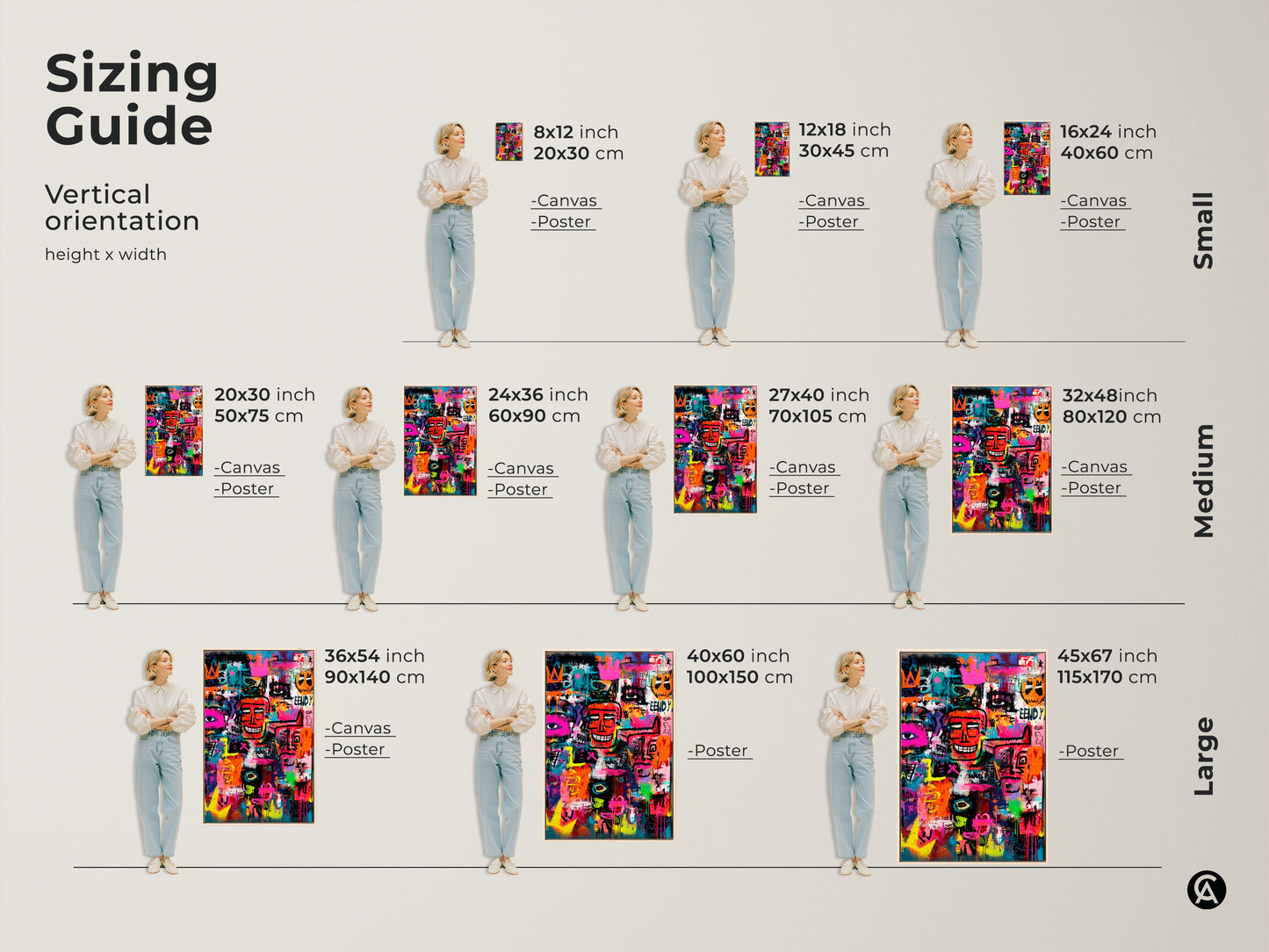 Sizing guide for modern graffiti art. Visualize vertical dimensions for canvas and poster prints. Options range from small to large. Find the perfect fit for your space. Explore the different sizes now.