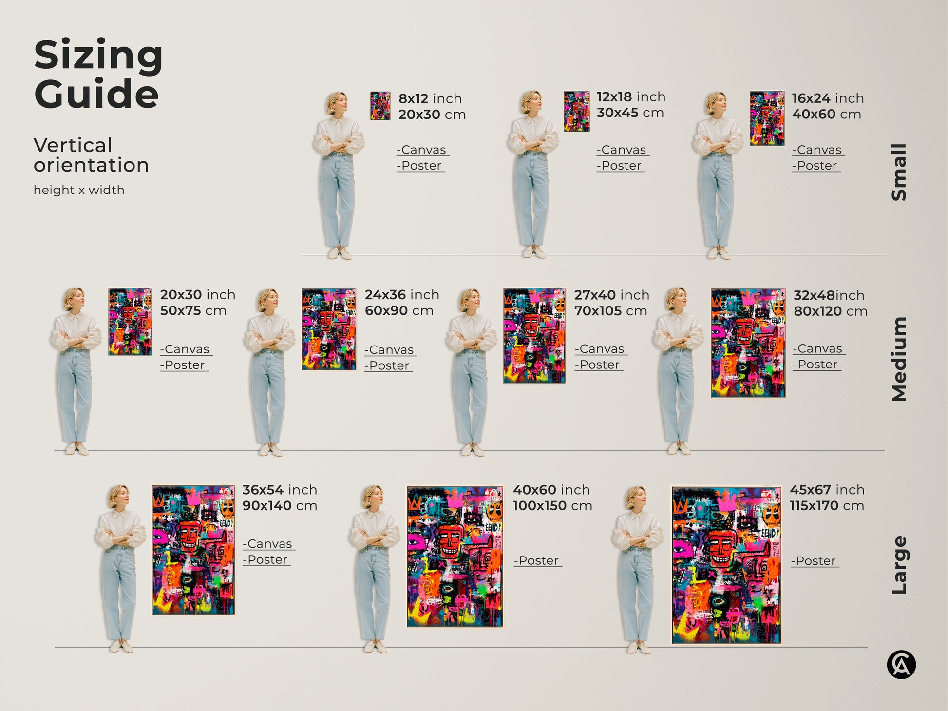 Sizing guide for modern graffiti art. Visualize vertical dimensions for canvas and poster prints. Options range from small to large. Find the perfect fit for your space. Explore the different sizes now.