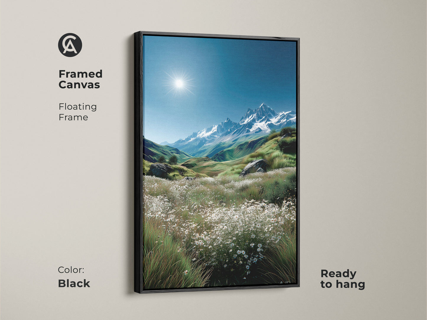 Enhance your living space with this framed mountain landscape artwork. The black floating frame adds a touch of sophistication. Ready to hang and enjoy. This framed canvas brings the serenity of the mountains to your home. Perfect for any room.