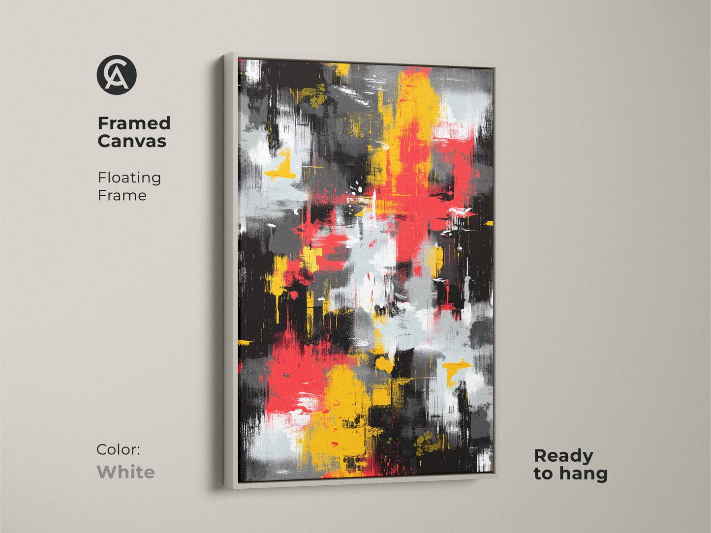Framed canvas art featuring an abstract painting with a white floating frame. The contemporary artwork includes bold strokes of red yellow and black. Ready to hang this modern art piece adds a stylish touch to your home.