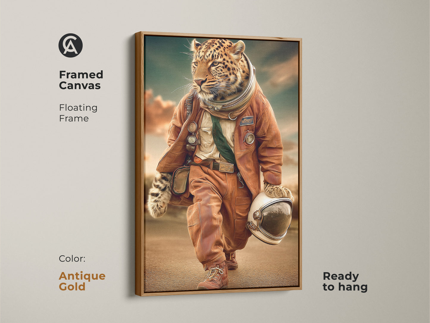 Framed canvas leopard astronaut artwork. Floating frame in antique gold. Ready to hang. This surreal space adventure print adds modern touch to any room. Orange teal animal art makes it a unique wildlife art piece. It is a perfect gift for space lovers.