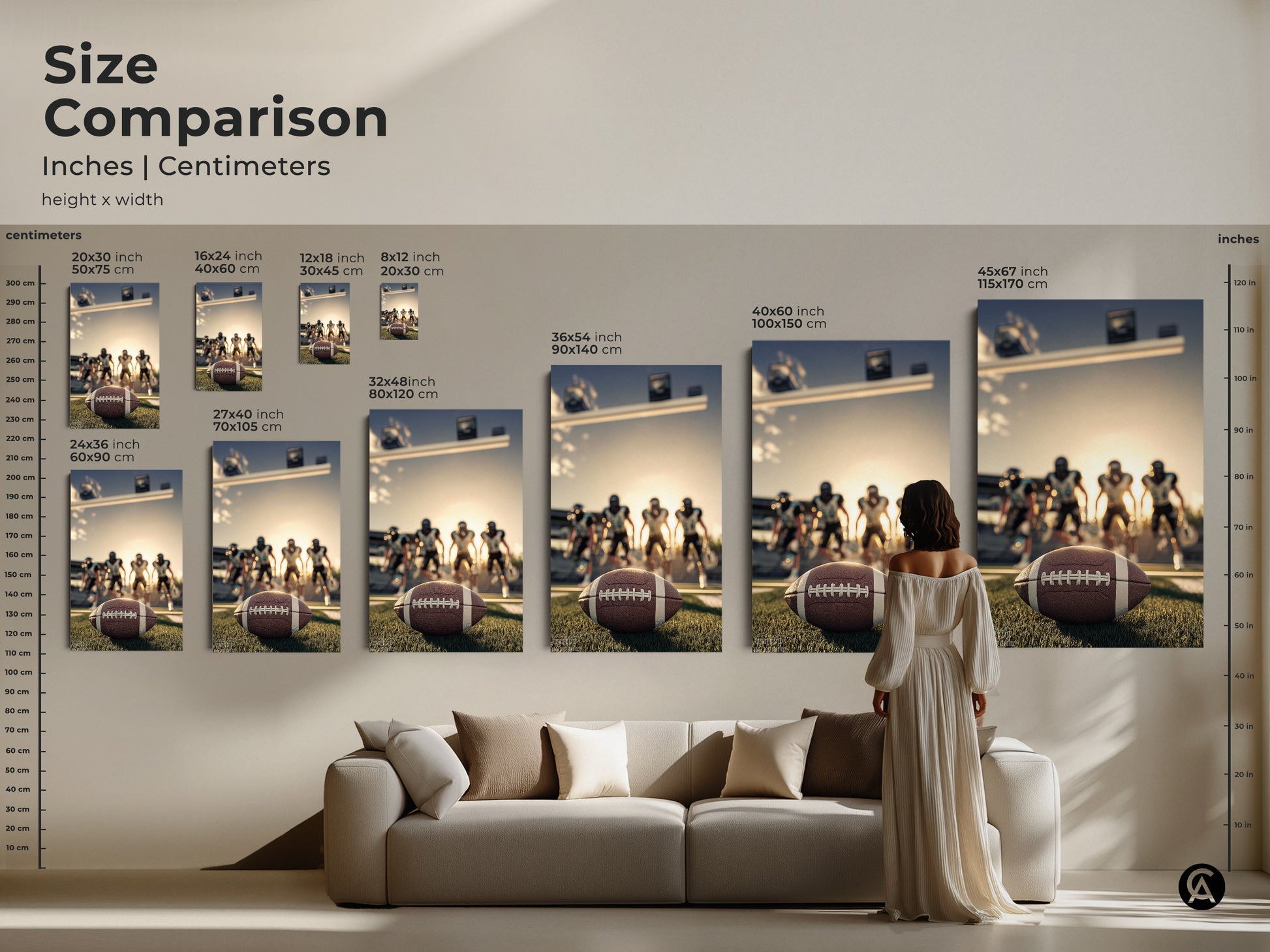 Size comparison of American Football artwork in inches and centimeters. See how the art fits above a couch. Sizes range from 20x30 inch to 45x67 inch. Visualize the impact of this modern athlete artwork in your living space. Choose the perfect size for your home.