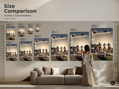 Size comparison of American Football artwork in inches and centimeters. See how the art fits above a couch. Sizes range from 20x30 inch to 45x67 inch. Visualize the impact of this modern athlete artwork in your living space. Choose the perfect size for your home.