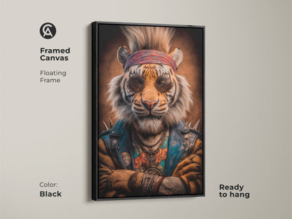 Framed canvas rockstar tiger artwork with a black floating frame. The urban style art is ready to hang and instantly elevates any space. The eclectic orange and blue wall art brings a retro rock and roll vibe. Perfect gift for music fans or a unique statement piece for a man cave.