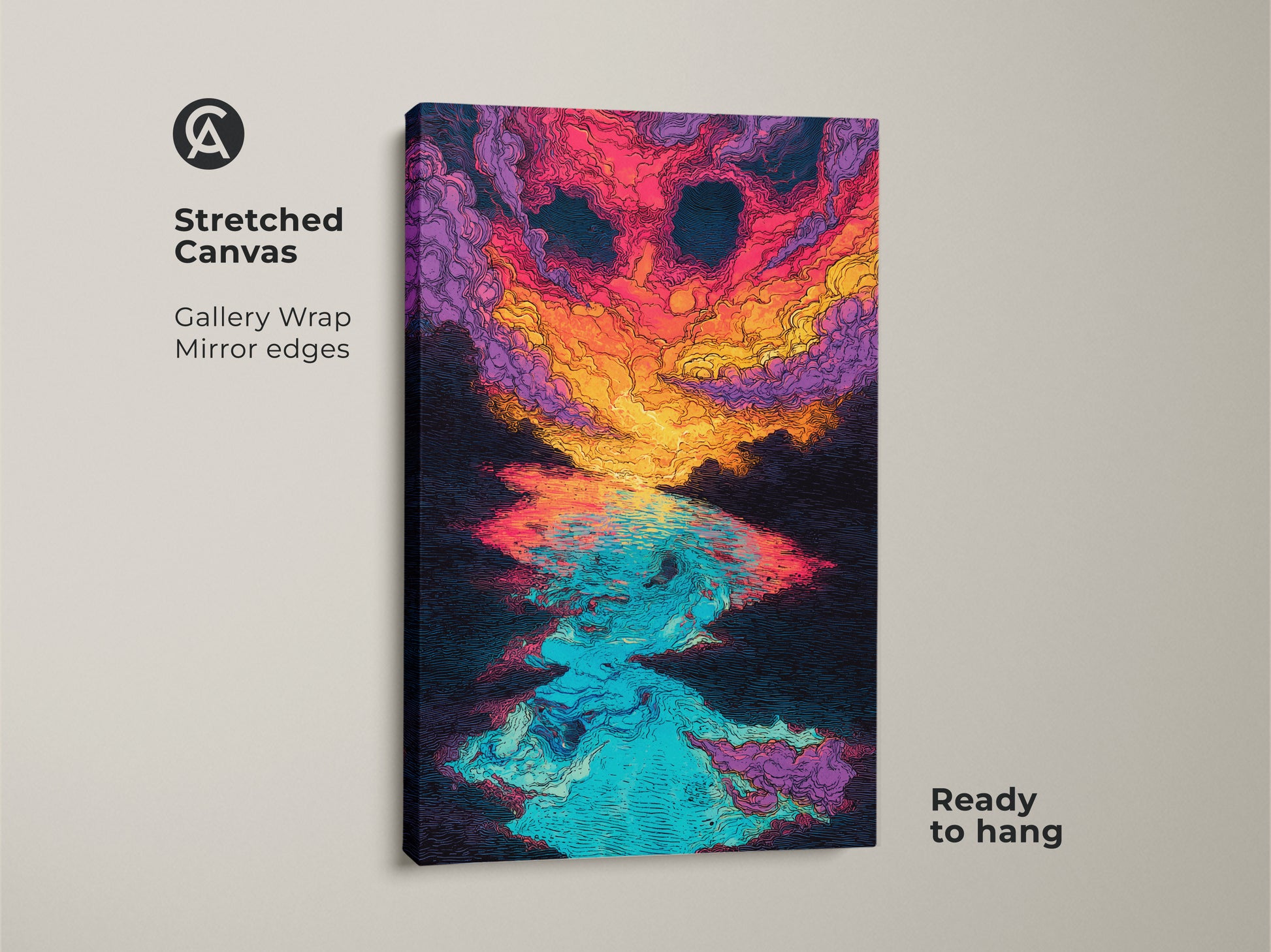Stretched canvas art showcasing an abstract sunset over water. This gallery wrapped canvas has mirrored edges. It arrives ready to hang. The colorful artwork includes pink orange and blue hues.