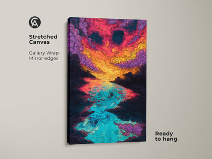 Stretched canvas art showcasing an abstract sunset over water. This gallery wrapped canvas has mirrored edges. It arrives ready to hang. The colorful artwork includes pink orange and blue hues.