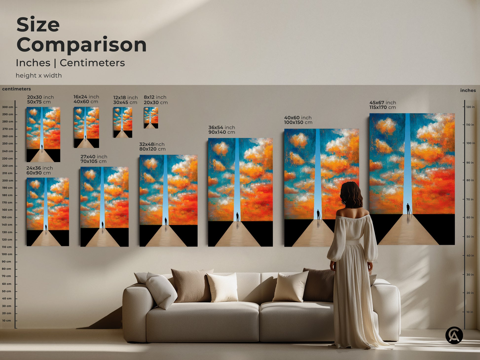 Size comparison of teal orange cloudscape canvas art. See inches and centimeters. The abstract figurative print transforms your space. Modern wall hanging for contemporary home decor.