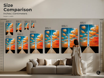 Size comparison of teal orange cloudscape canvas art. See inches and centimeters. The abstract figurative print transforms your space. Modern wall hanging for contemporary home decor.