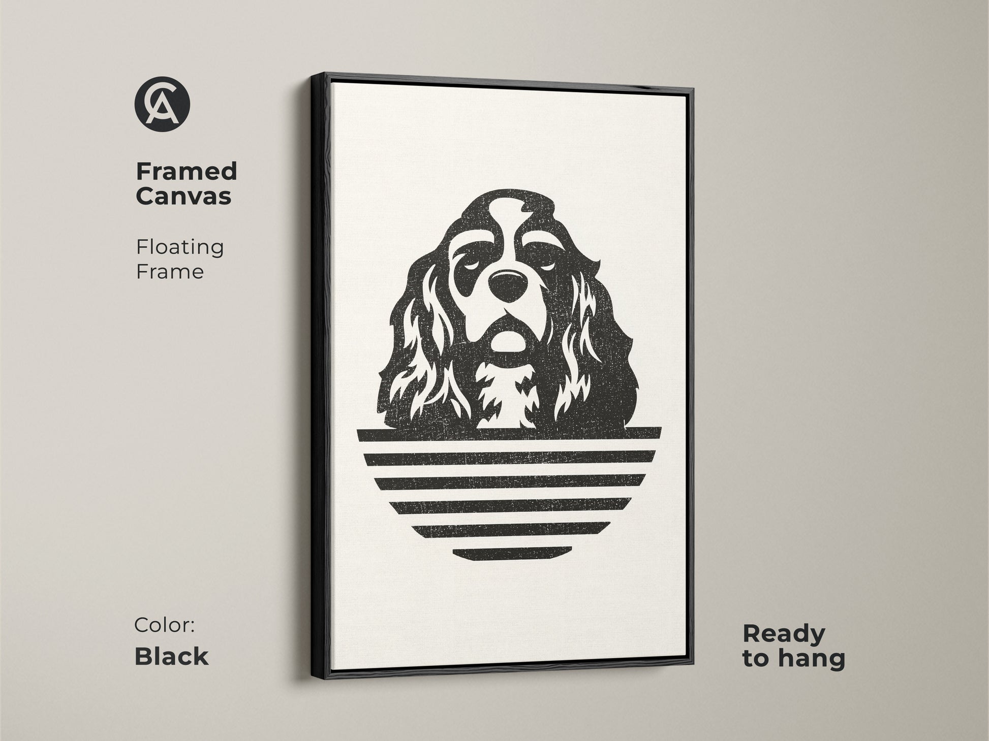 Framed canvas with a black floating frame. This minimalist Cavalier King Charles Spaniel artwork is ready to hang. The black and white dog art print adds a modern touch. Ideal for contemporary home decor.