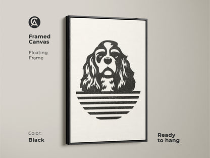 Framed canvas with a black floating frame. This minimalist Cavalier King Charles Spaniel artwork is ready to hang. The black and white dog art print adds a modern touch. Ideal for contemporary home decor.
