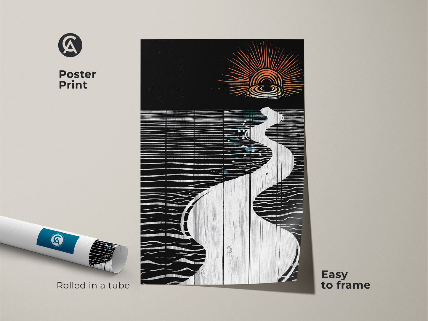 Museum-quality poster print of an abstract landscape with a river sunset motif. This minimalist orange black and teal art is rolled in a tube. Easy to frame wall decor art.
